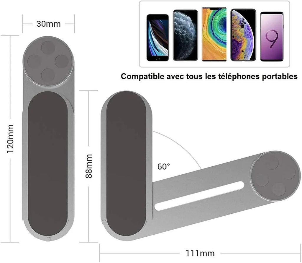 Aluminium alloy laptop side mount bracket holding a smartphone next to a laptop screen, with magnetic pad visible