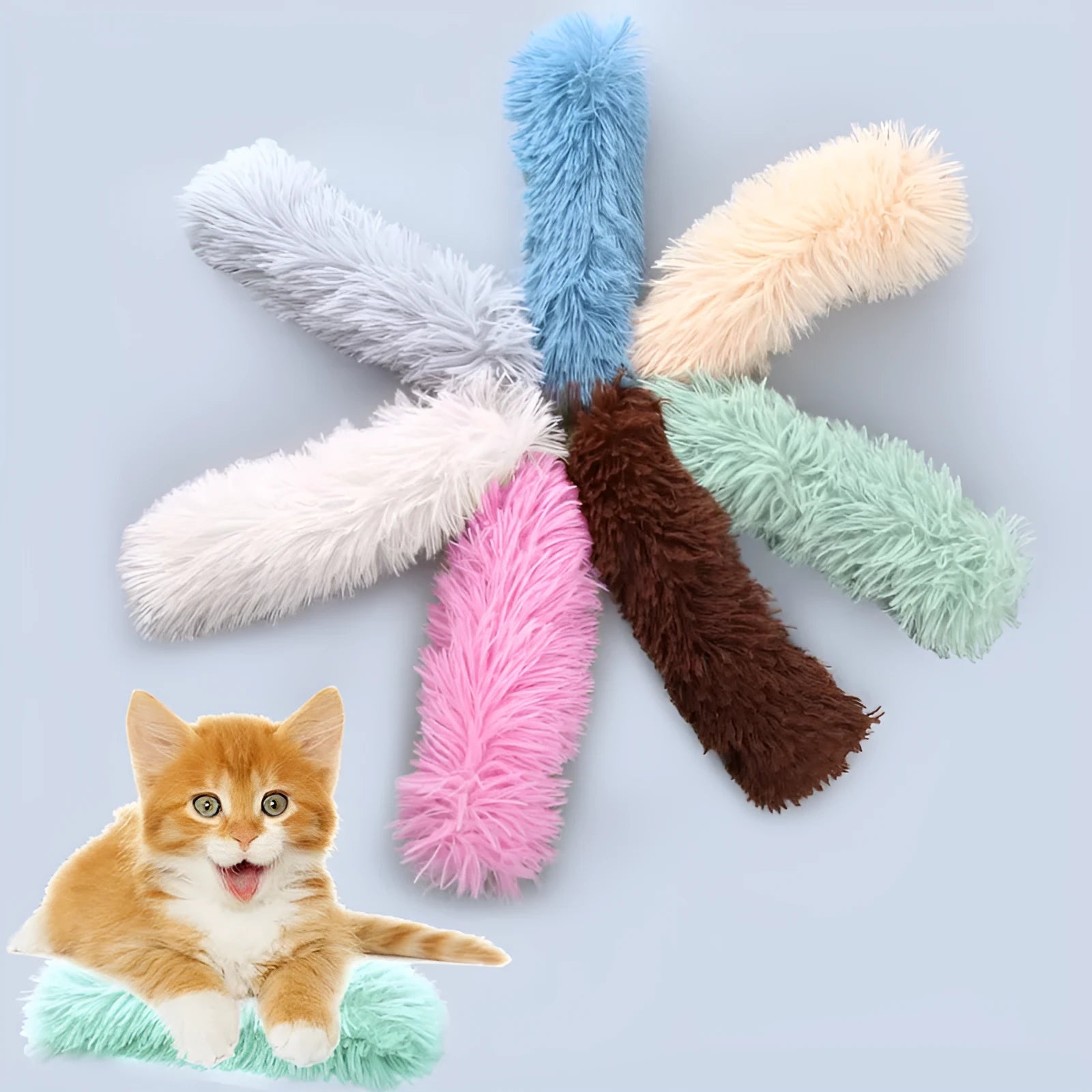 Plush cat toy containing catnip and ringing paper, about 30cm long, available in multiple colours