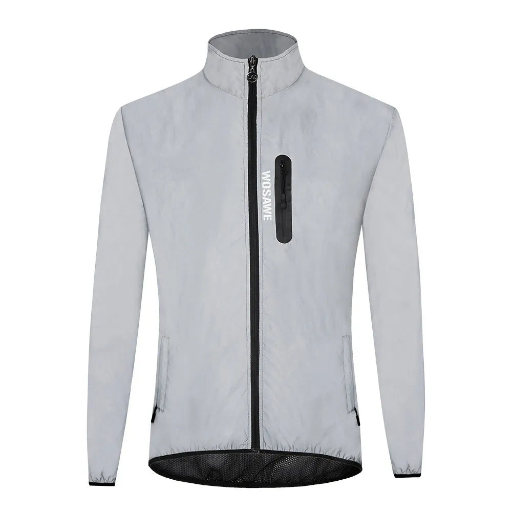 Silver waterproof polyester windproof coat with long sleeves showing Asian and European sizing labels