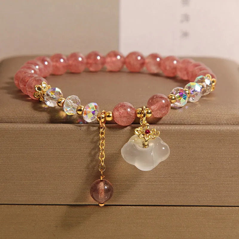 Women's natural crystal bracelet with strawberry quartz and white agate beads, auspicious clouds design, 40 grams weight