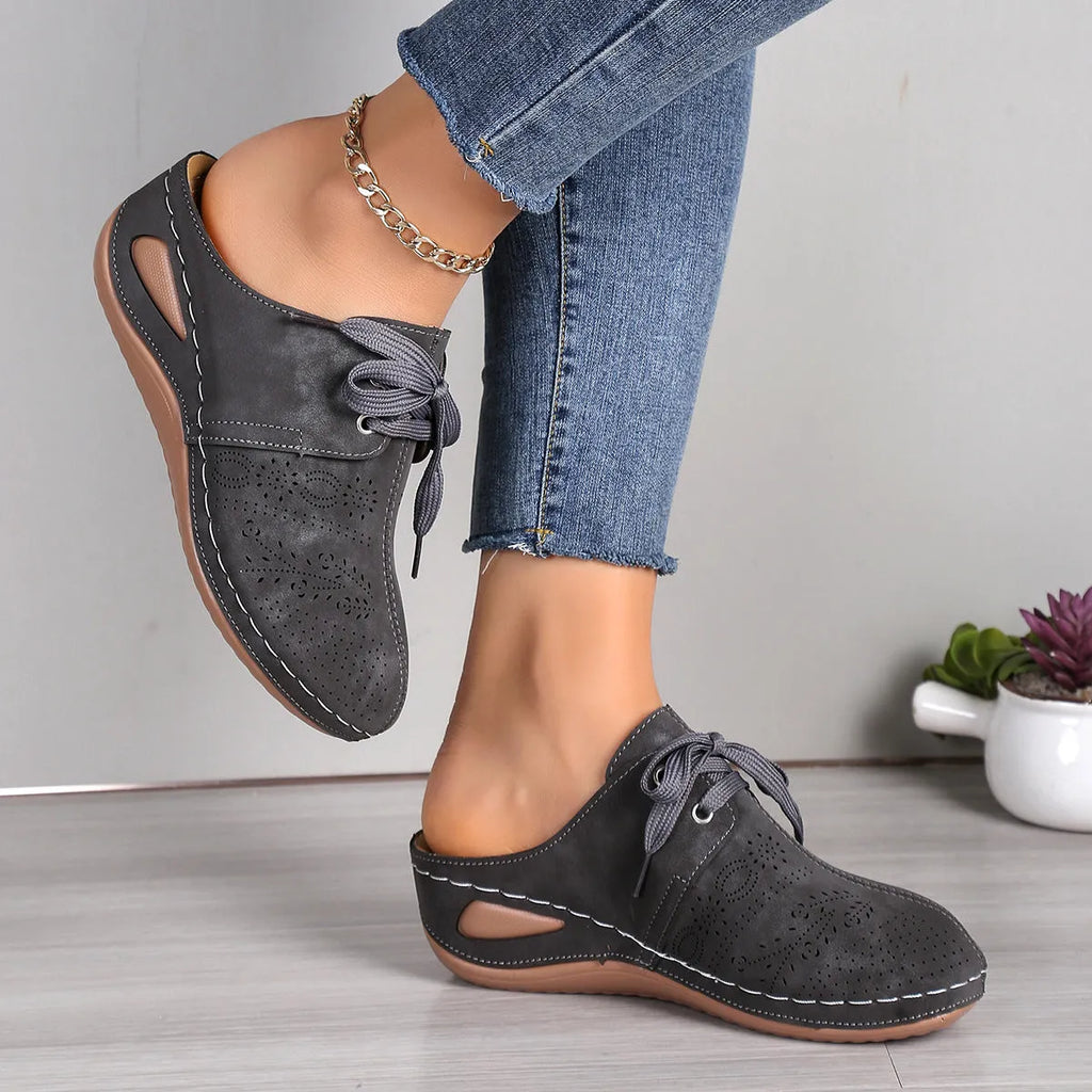 Women's lace-up wedge slippers with hollow out design in multiple colour options