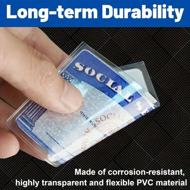 Clear PVC waterproof social security card holder showing size 9.7cm by 5.9cm