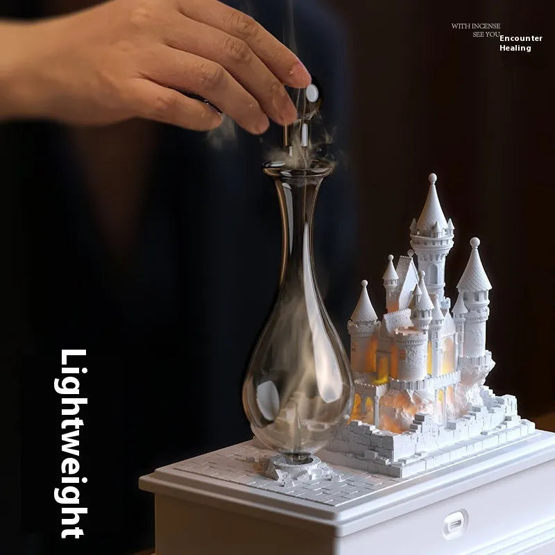 White medieval castle waterless aromatherapy machine with ambient lighting and USB charging
