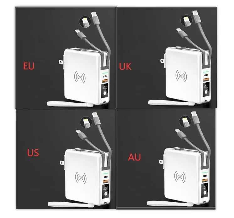Black and white 10000mAh power bank with wireless charging surface and foldable plug