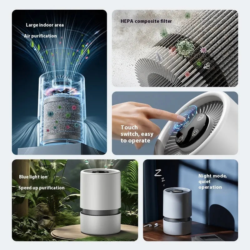 White desktop air purifier with USB cable for small room odour and smoke removal