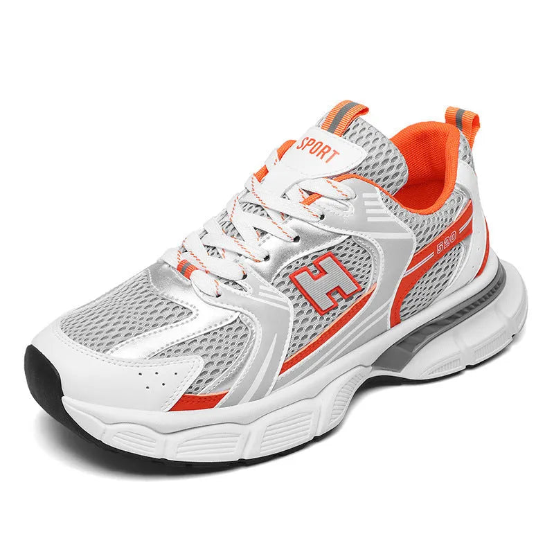 Men's white and gray mesh casual running shoes with a round toe and injection moulded plastic sole.