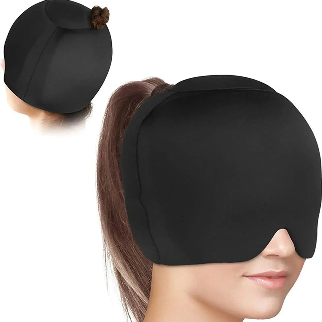 Simple solid colour cold compress cap in black, dark blue, or pink, made from polyester.