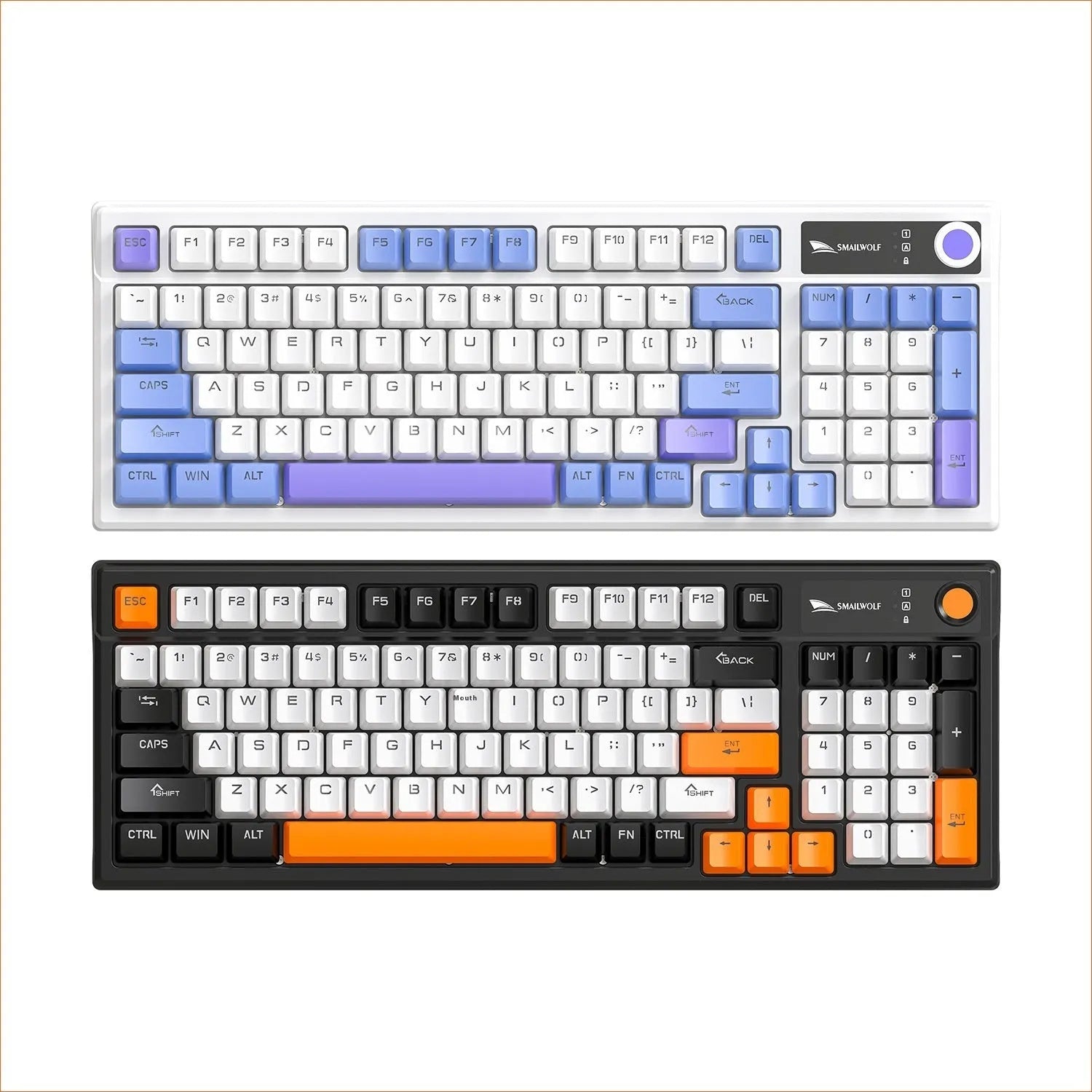 SK15 wired mechanical keyboard with control knob in Black, Sunset Orange, and Autumn Water Blue colour options.