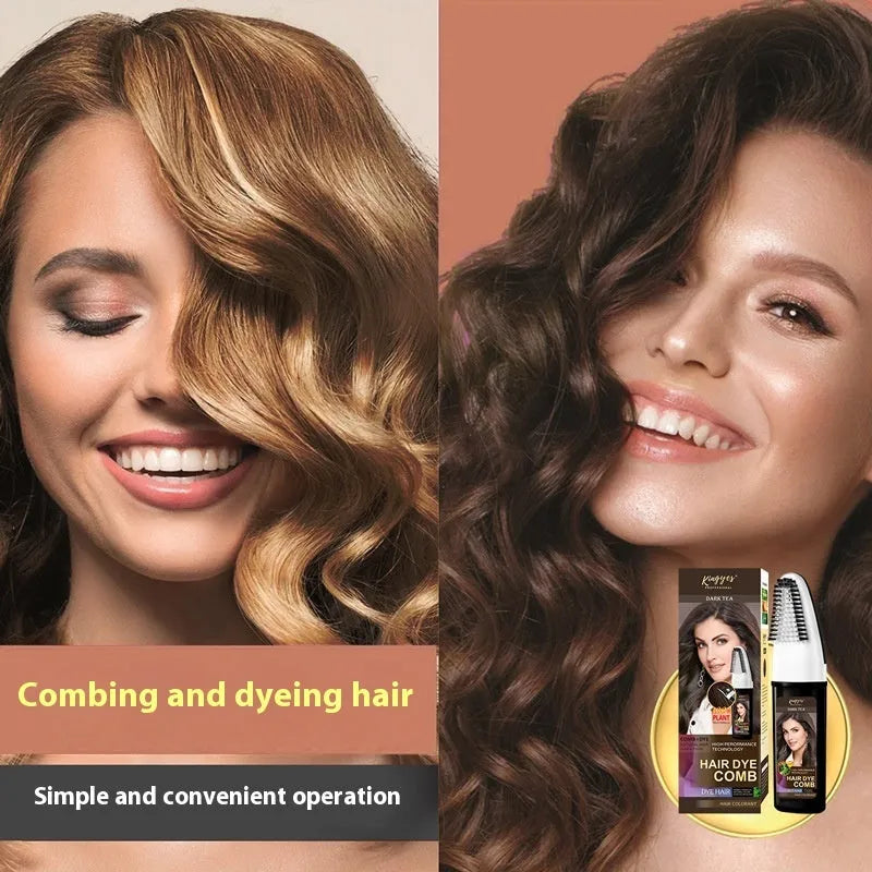 Permanent hair dye kit bottle with attached comb applicator in brown, wine red, or dark brown shade.