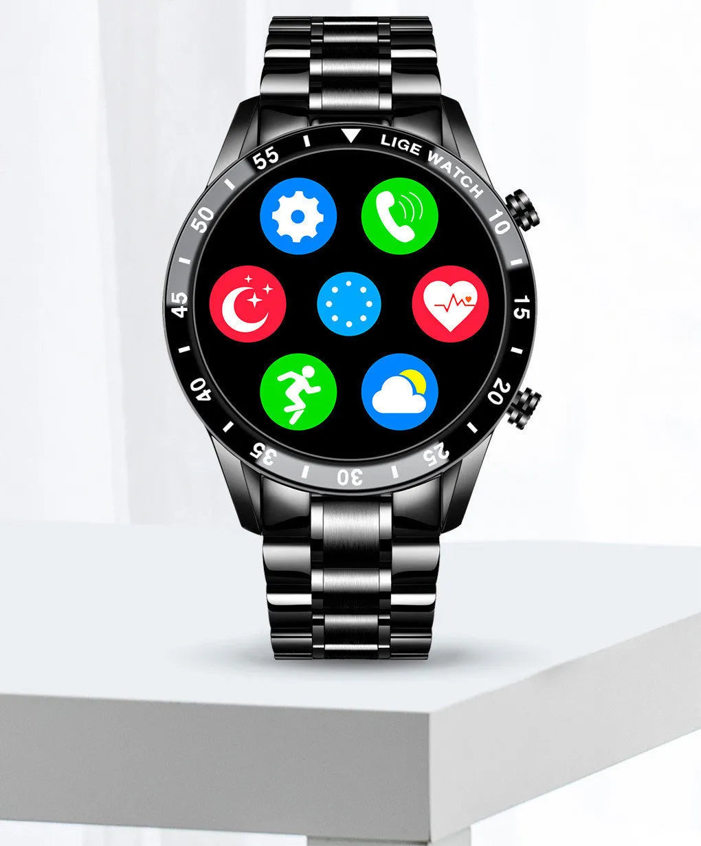 Smart watch with stainless steel wristband and 1.3-inch touchscreen display showing step count interface
