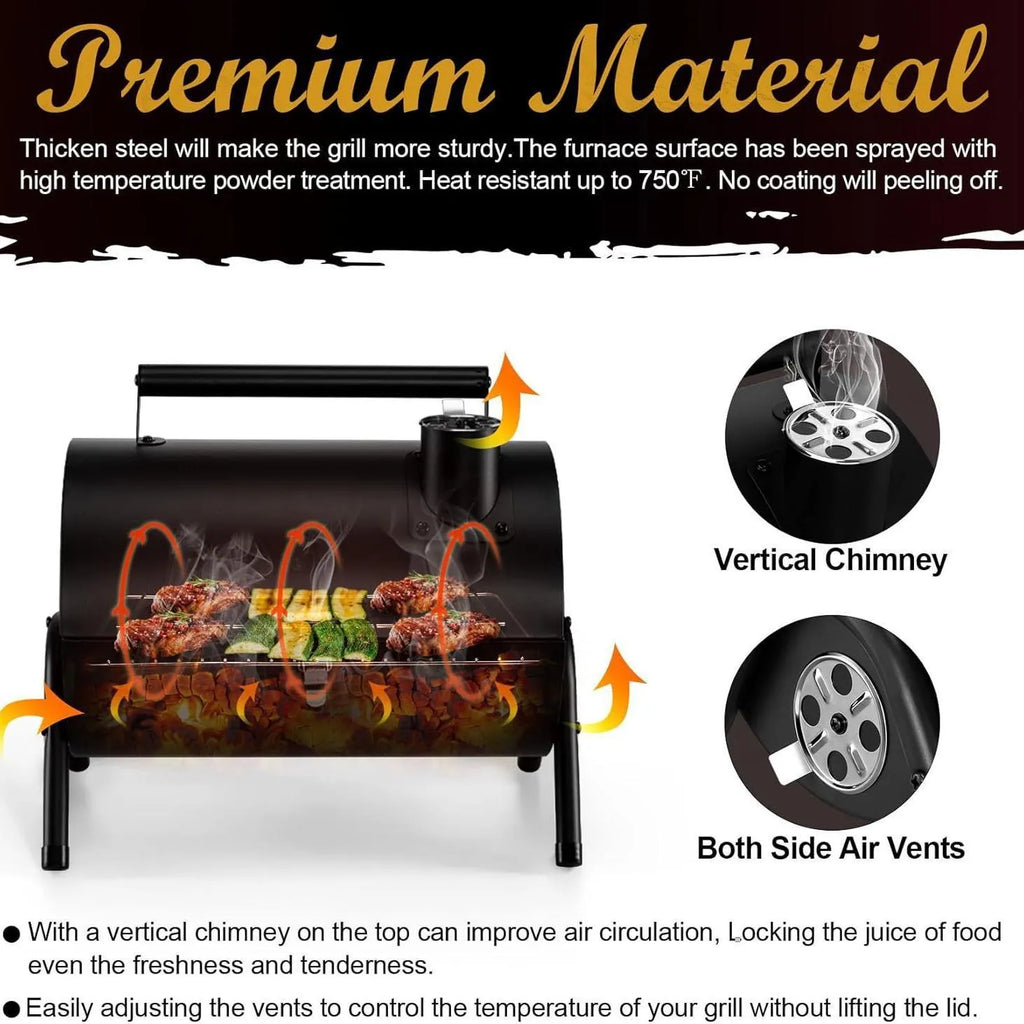 Small folding desktop charcoal barbecue smoking device with portable grill