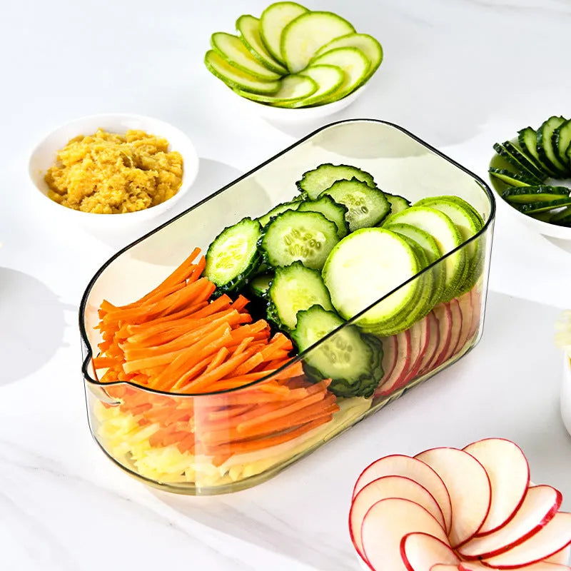 Transparent green single board vegetable chopper with stainless steel blades and drain basket