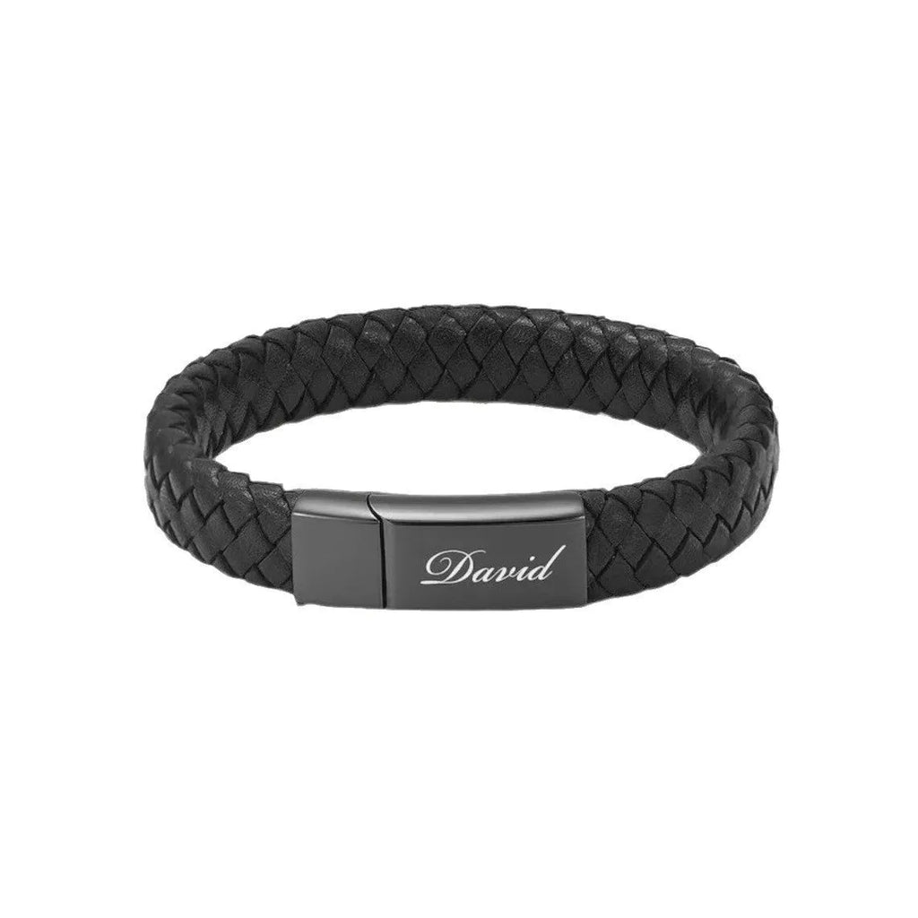 Black stainless steel memorial bracelet with woven leather detailing, showing personalisation engraving area.