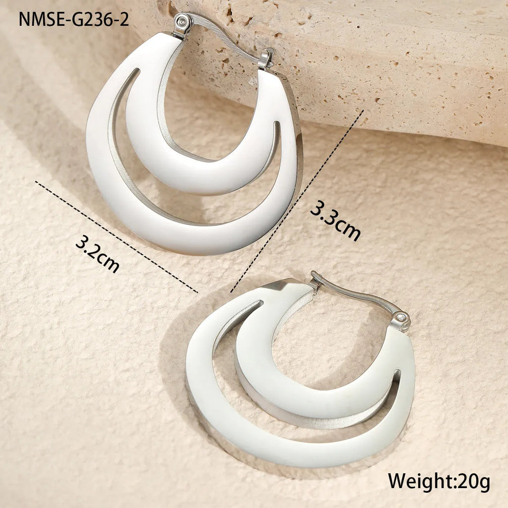 Geometric French earrings with round ring design in 18K gold-plated stainless steel, available in gold or steel colour finish