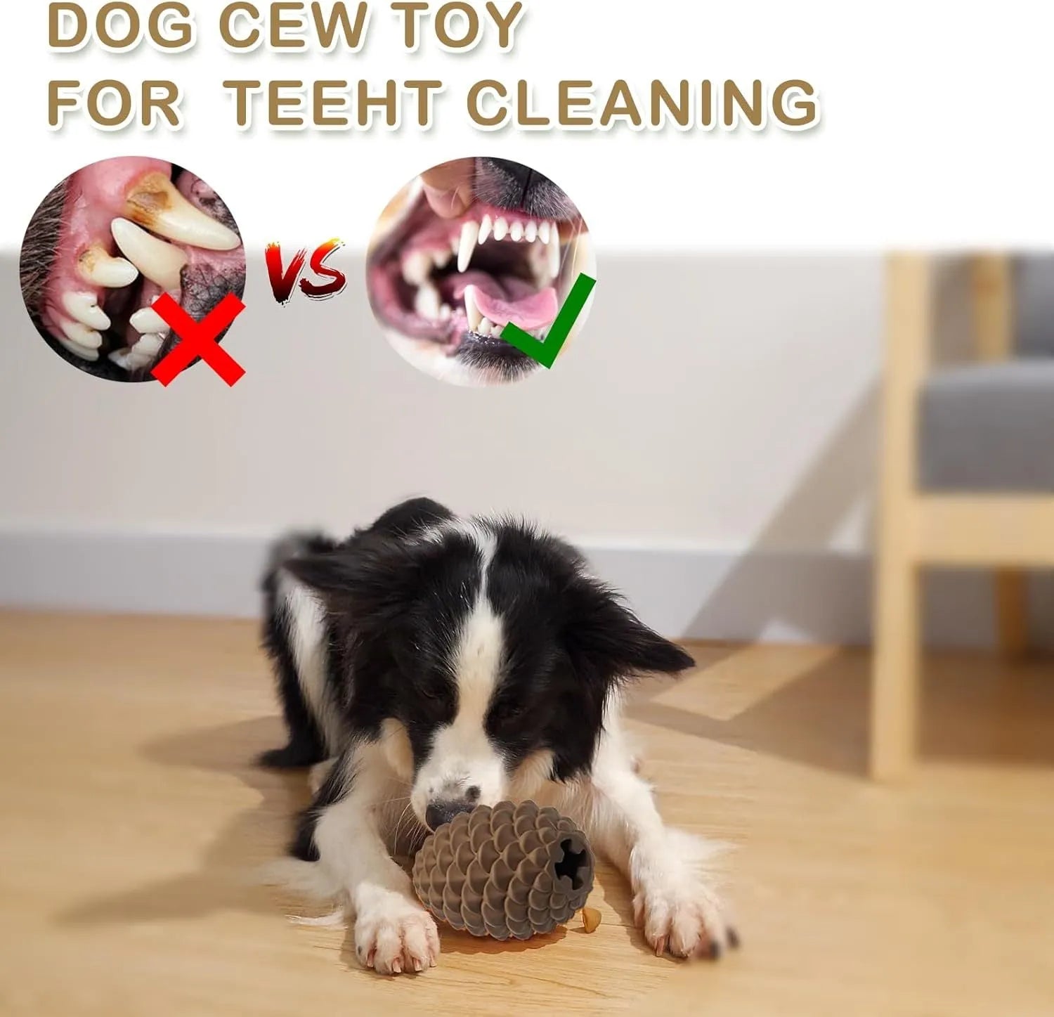 Yellow pine cone shaped dog chew toy with textures and a treat dispenser hole.