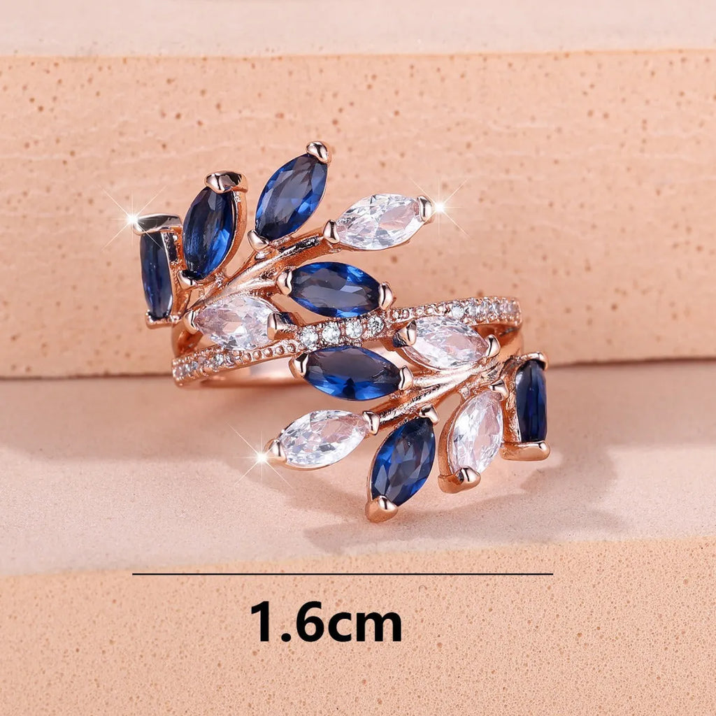 Adjustable horse eye zircon leaf fashion ring in copper with cubic zirconia stones