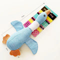 Blue duck-shaped plush dog toy with squeakers measuring 33cm long