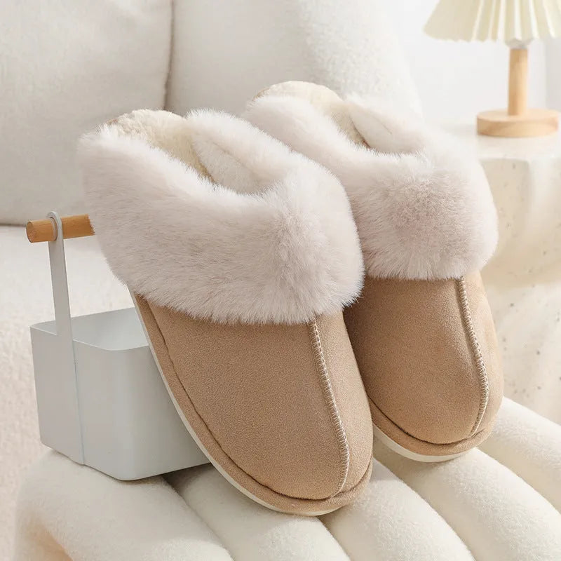 Women's plush winter slippers with artificial wool lining and anti-slip PVC soles in multiple colours