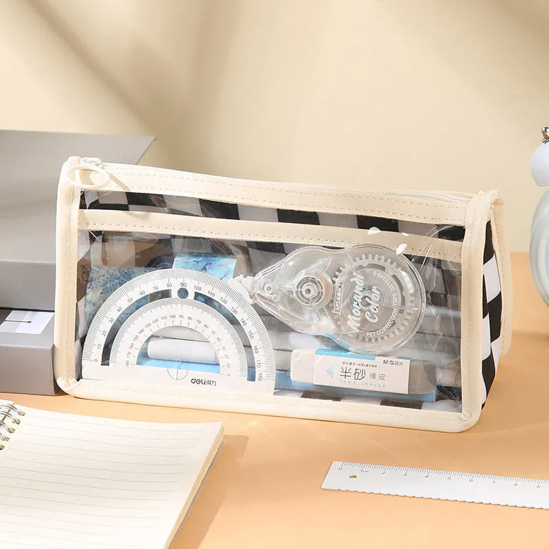 Transparent PVC pencil case with chessboard pattern measuring 21.5cm, shown in black and white grid design