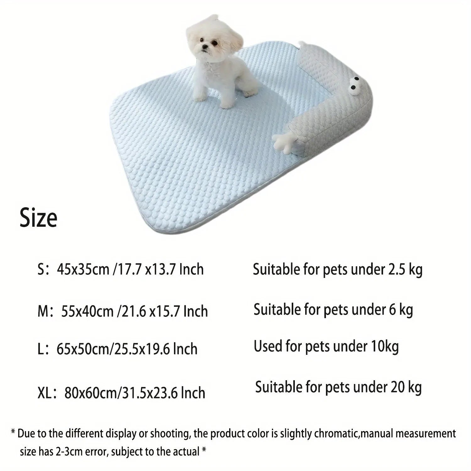 Blue big-eyed monster design breathable pet cooling bed for dogs and cats on a wooden floor.