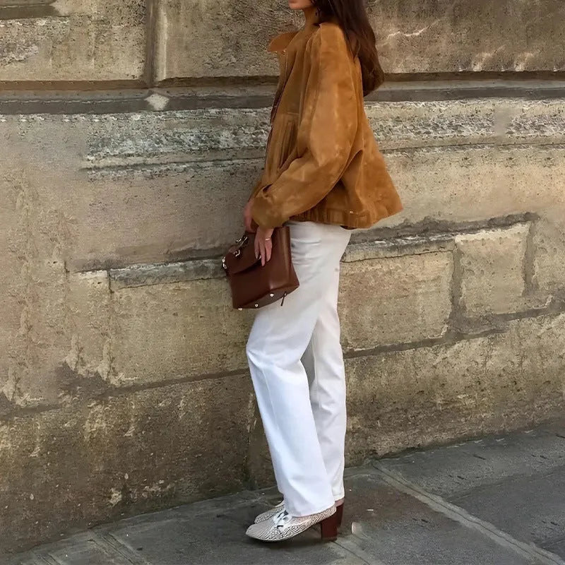 Retro solid colour loose fit polyester jacket in European and American style