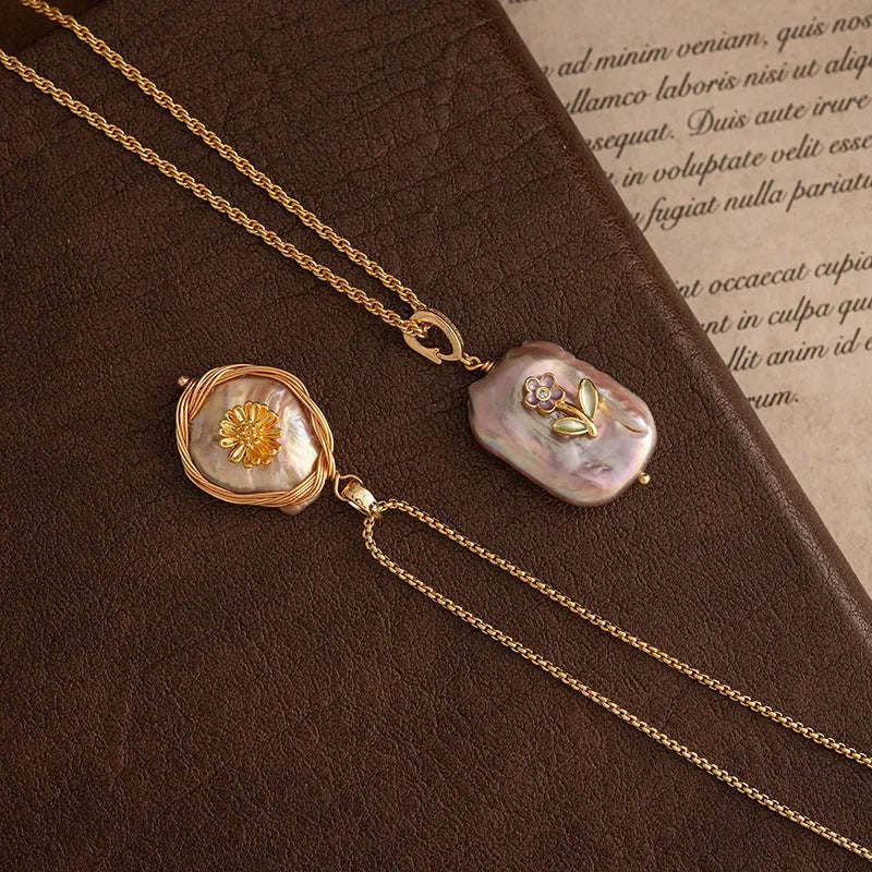 Natural baroque freshwater pearl pendant necklace copper chain geometric quadrilateral pendant mother-of-pearl shell women jewellery 68cm