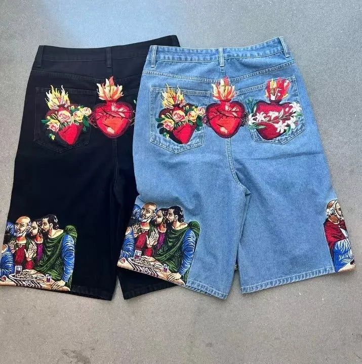 Men's blue cotton shorts with Jesus print on back pocket and tapered design