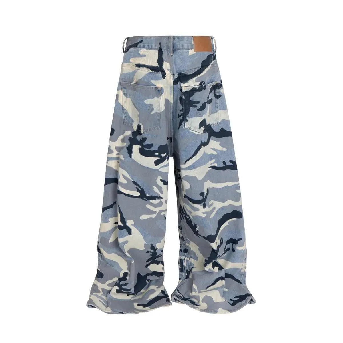 Blue snow camouflage pattern loose fit denim jeans for men and women on a mid waist