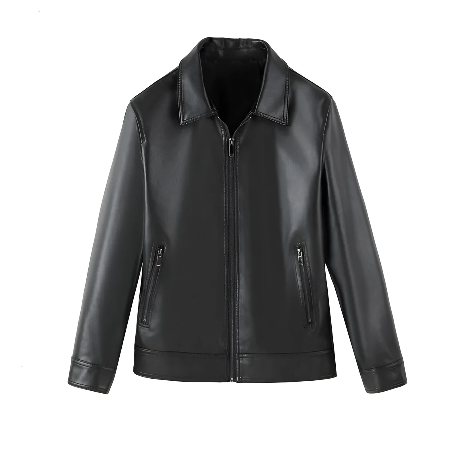 Men's black PU leather casual jacket with zip pockets and a loose fit on a hanger.