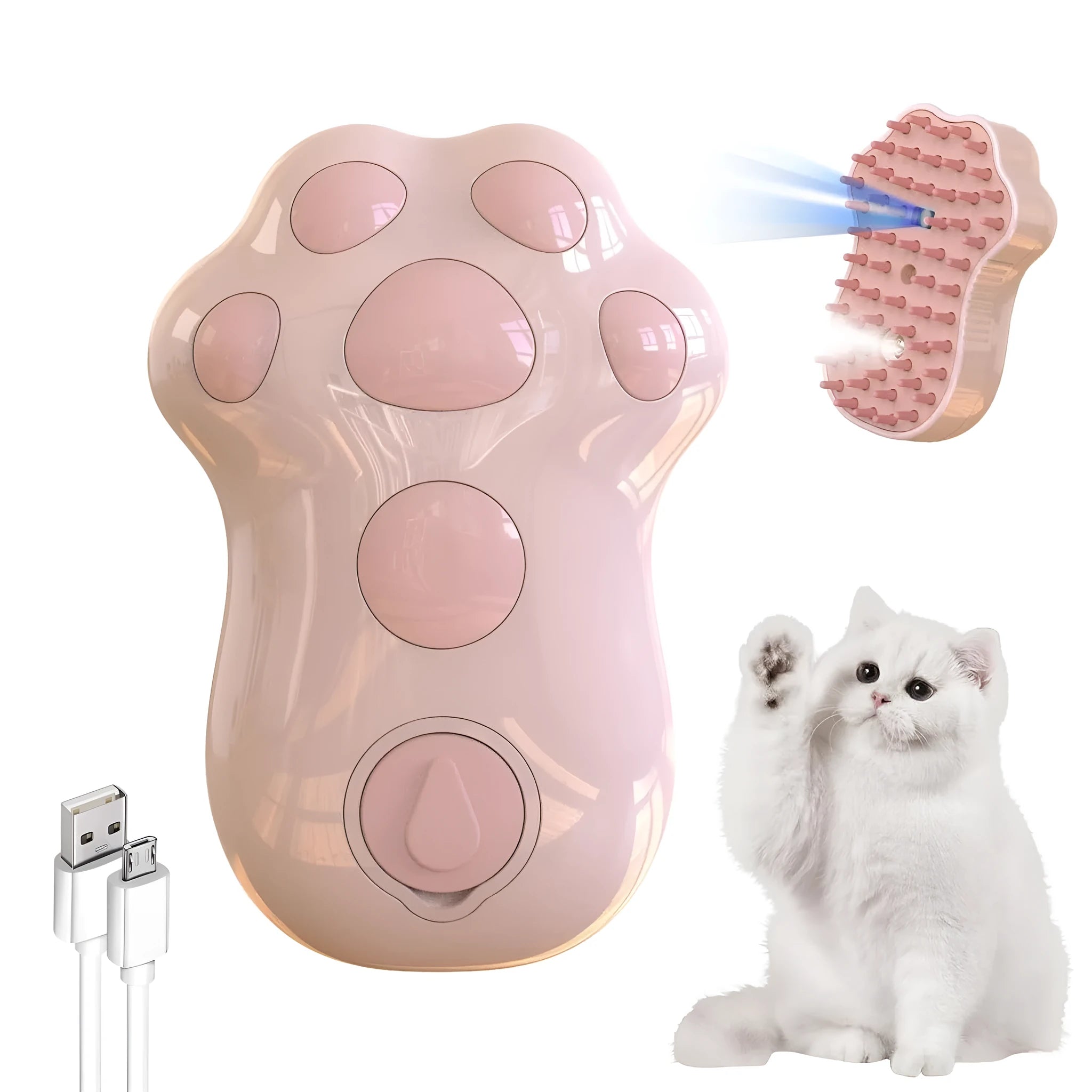 Blue self-cleaning silicone cat steam brush with release button for pet grooming