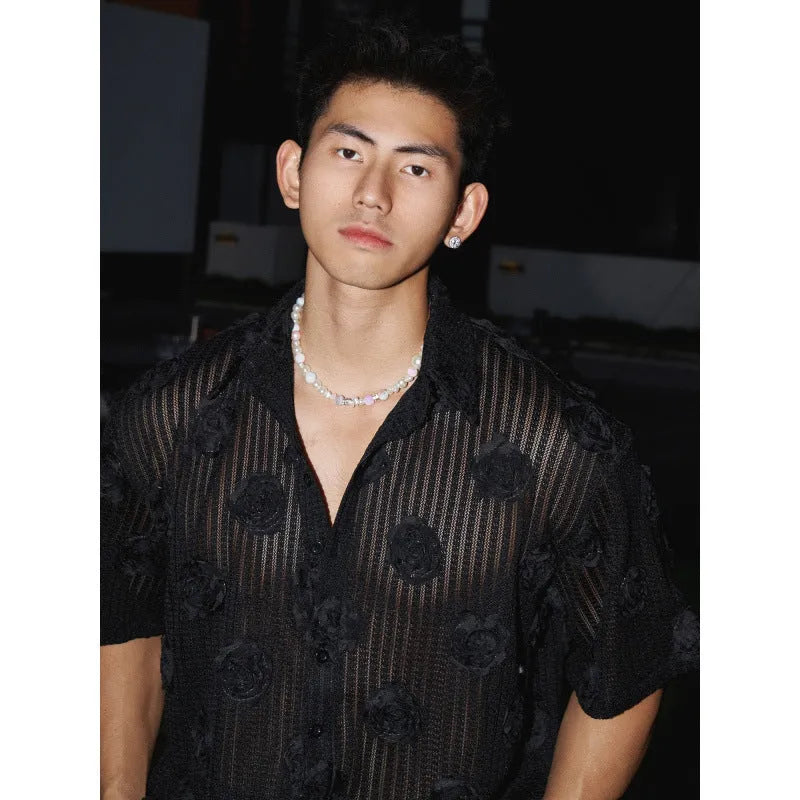 Plus size men's short-sleeved shirt with heavy 3D floral print in loose fit.