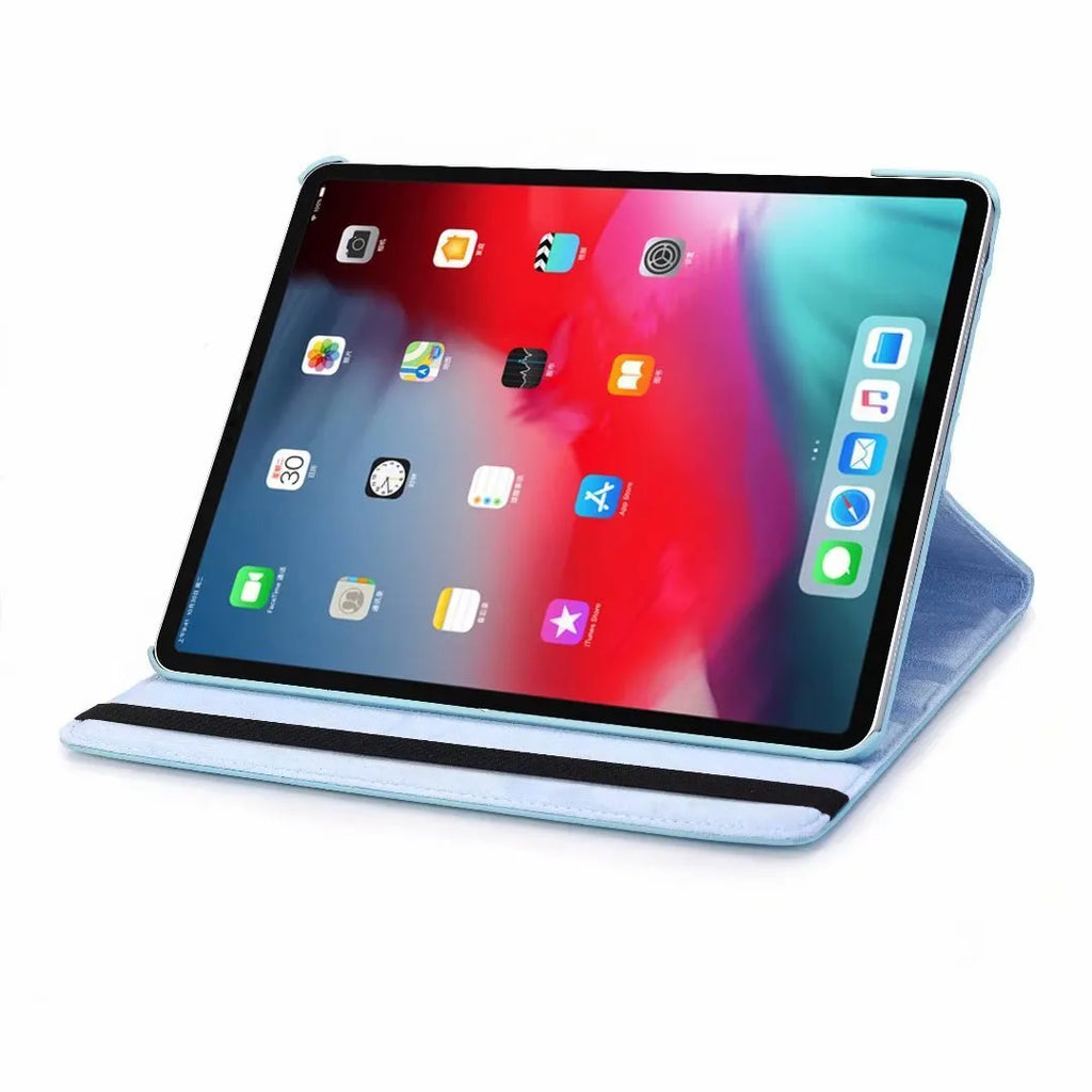 iPad rotating protective sleeve in imitation leather clamshell design showing colour options