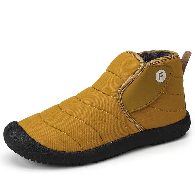Unisex couple snow boots in black with a cotton upper, rubber sole, and plush lining.