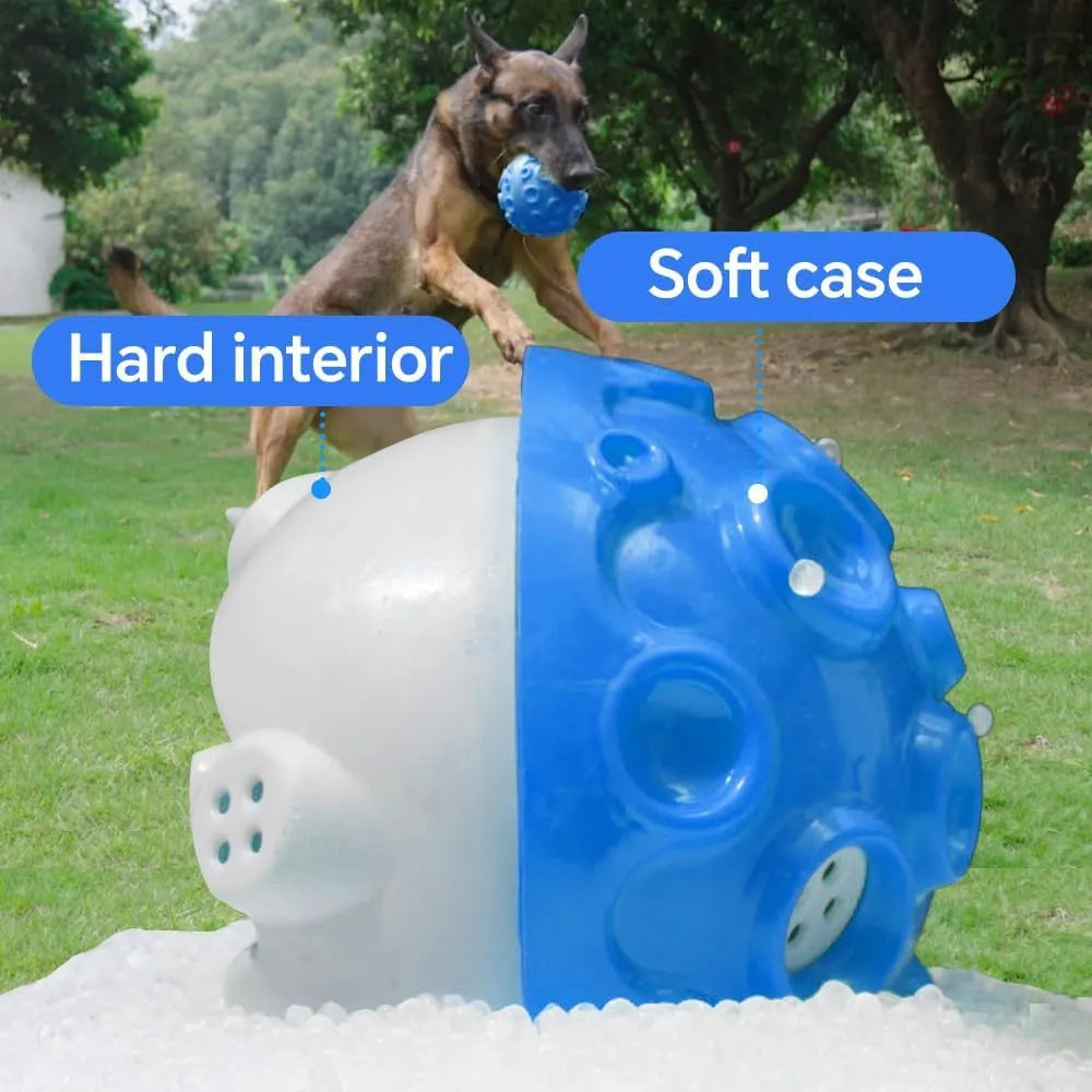 Durable natural rubber dog chew toy ball in assorted colours with a textured surface.