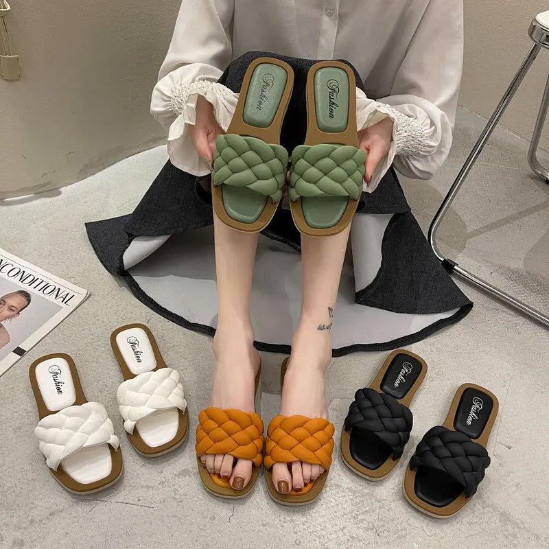 Women's plaid pattern beach sandals with anti-skid PVC soles in thick sole design