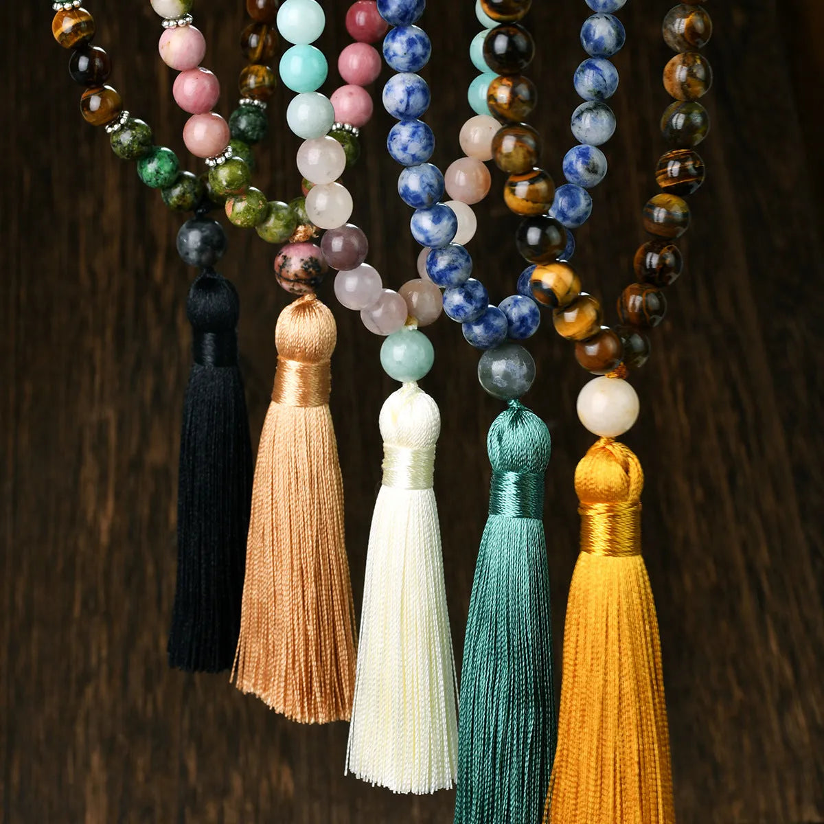 108 natural stone tassel long necklace with mixed gem pendant in boho style, unisex, 81cm plus circumference