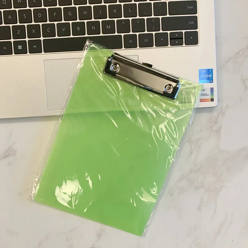 A4 blue plastic writing pad portfolio folder with metal clip, showing transparent front plate.