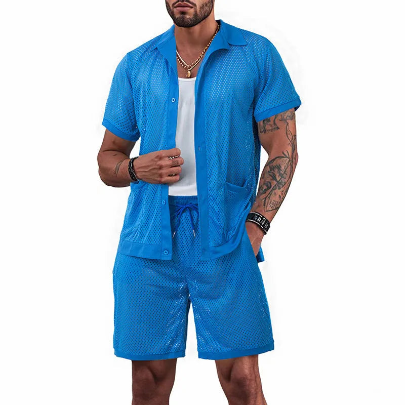 Women's see-through short sleeve cardigan and matching shorts set in Lake Blue for summer beach leisure