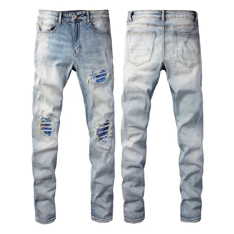 Bright white washed distressed cat beard patch ripped slim straight leg mid waist jeans cotton denim