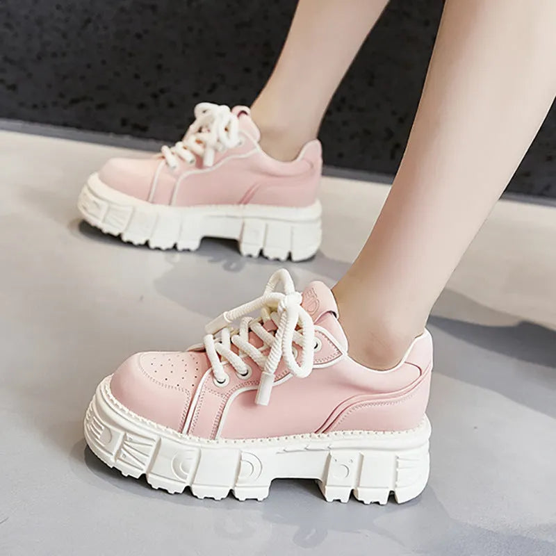 Women's beige platform leather shoes with muffin bottom design and rubber foam sole