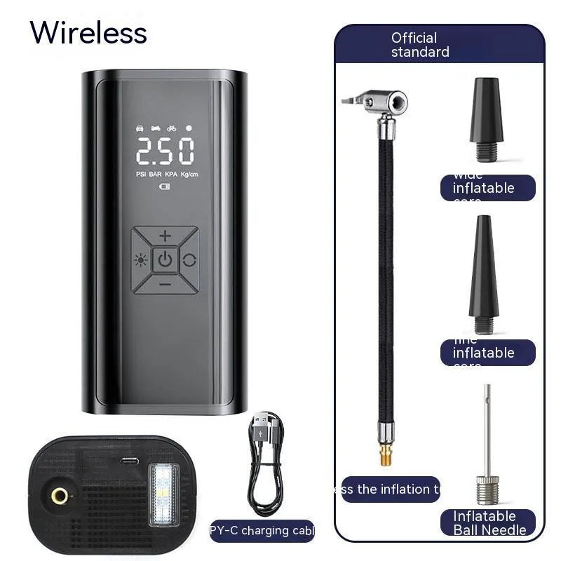 Portable car wireless digital display electric tyre pump with LED light and pressure gauge on a dark background
