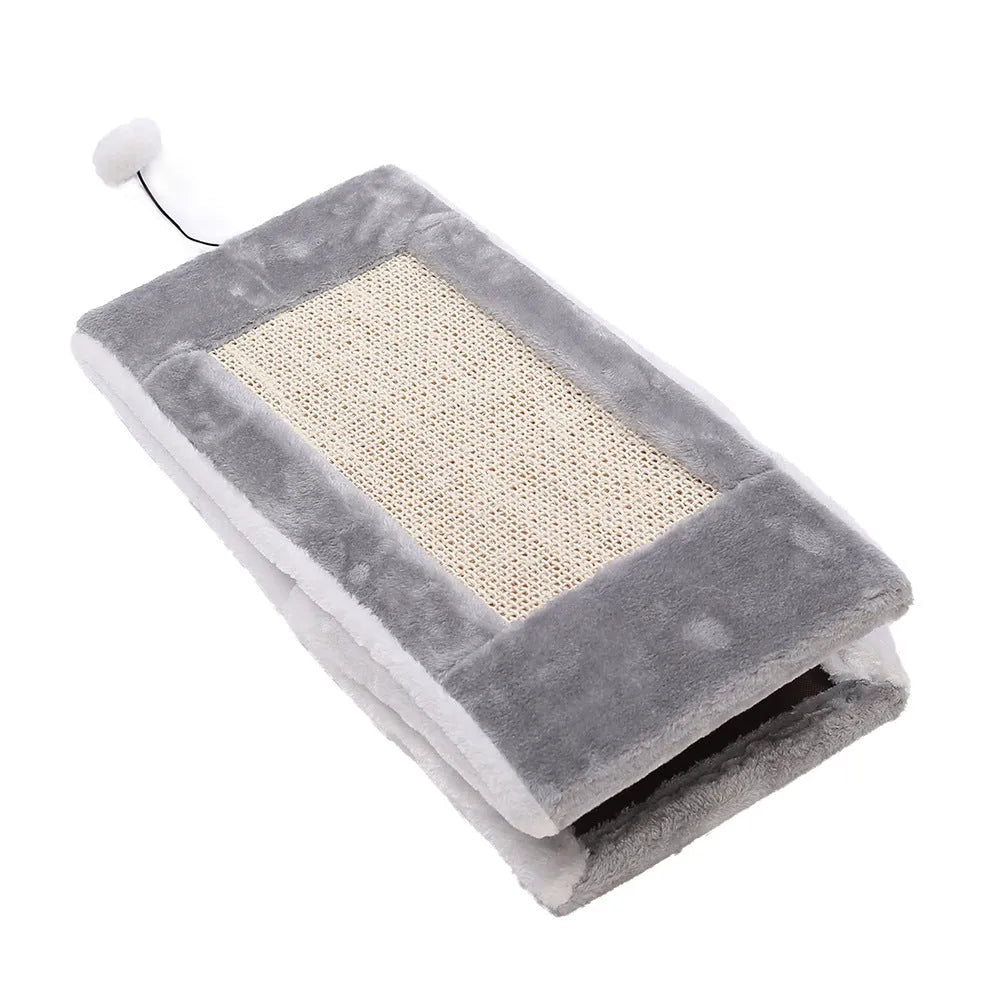 Grey and white triangle cat scratcher bed with sisal scratching surfaces and fur-lined sleeping area