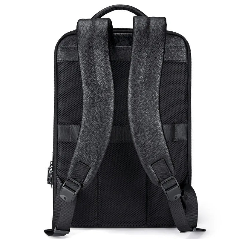 Black genuine leather men's business laptop backpack with curved shoulder straps.