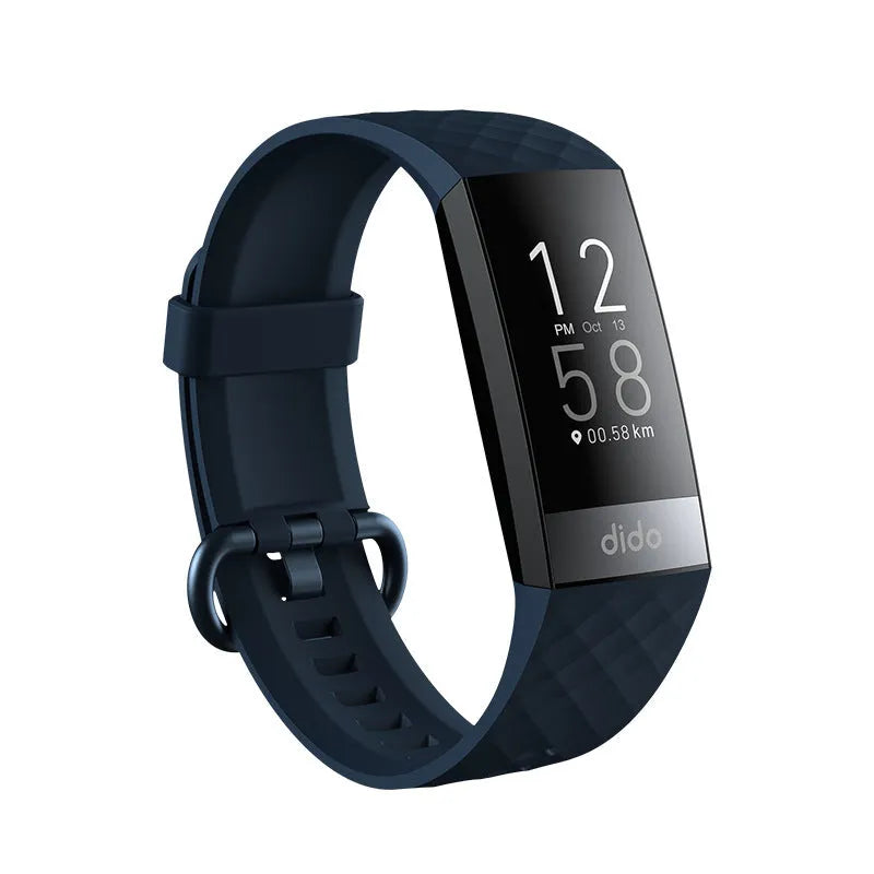 Black smart bracelet with screen showing blood pressure and heart rate data on a wrist.
