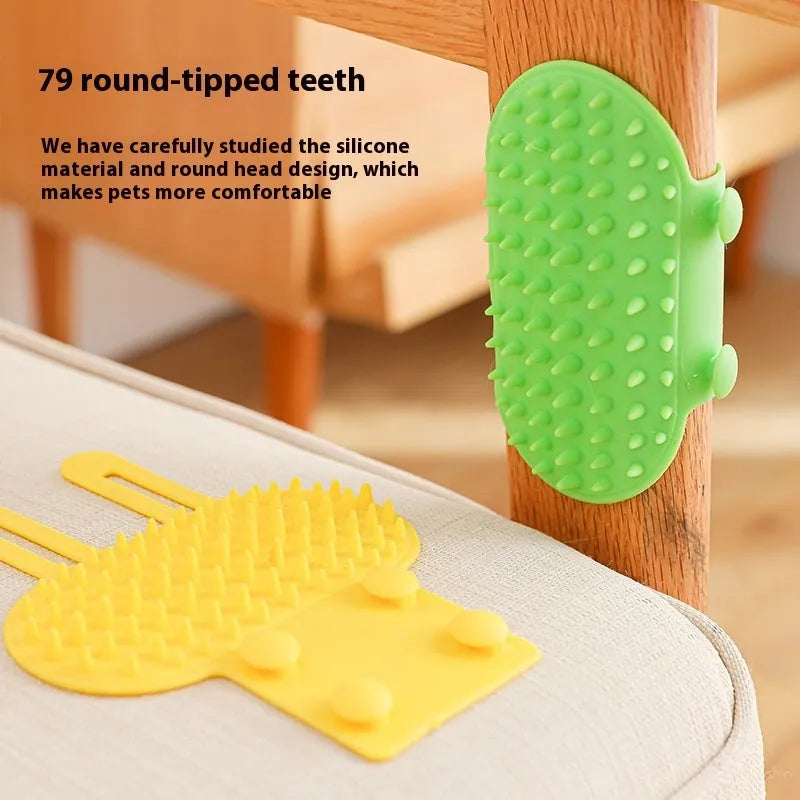 Silicone cat grooming brush with adjustable strap and rounded comb teeth in four colour options
