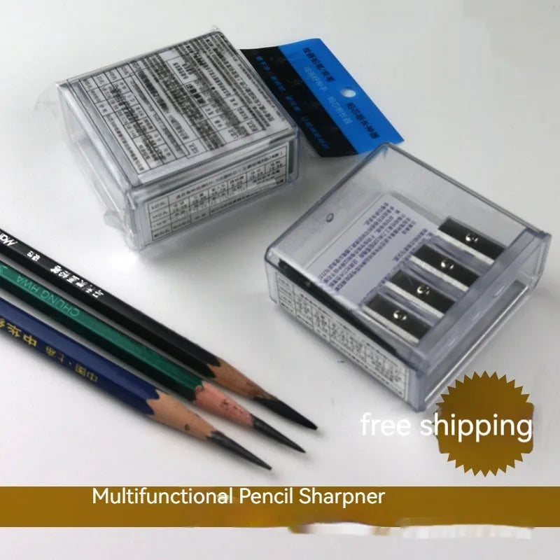 Geometric plastic pencil sharpener with four holes and included screwdriver tool on white background.