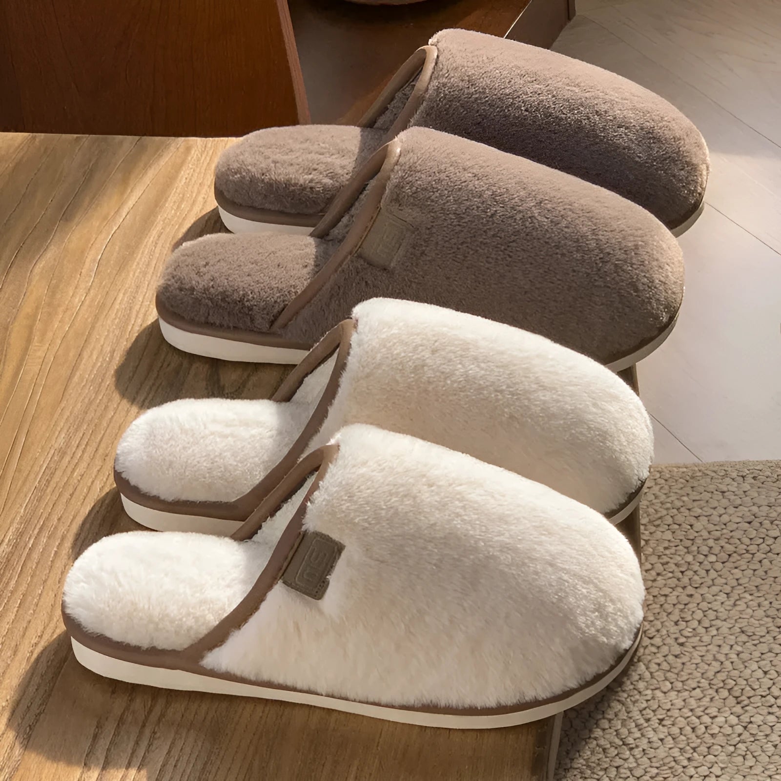 Solid colour PVC plush winter slippers for men and women on a home floor