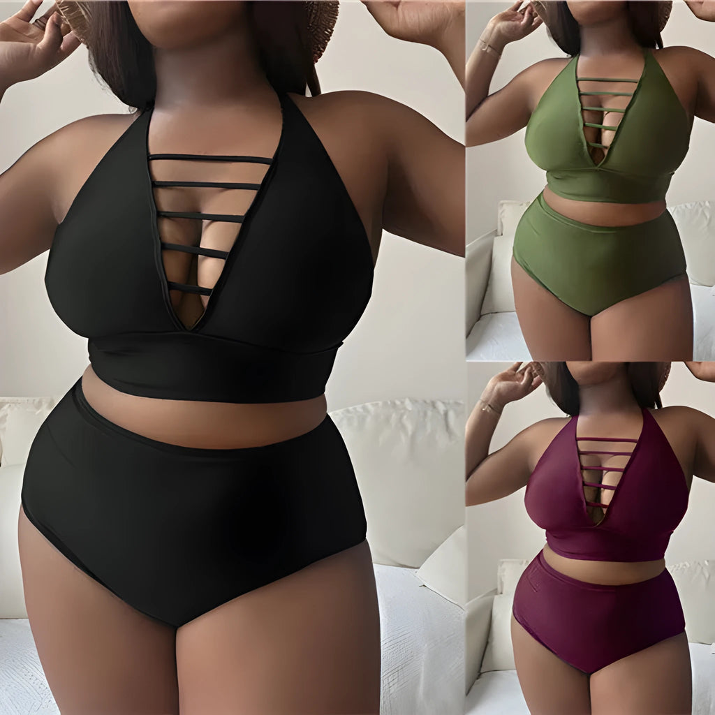 Plus size women's bikini with adjustable halter straps and high waist bottoms in solid colour