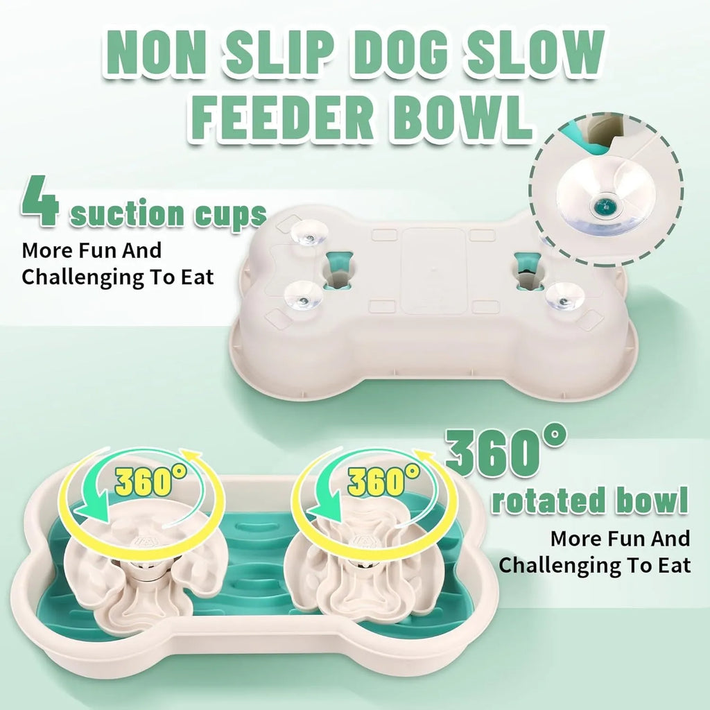 Large green slow feeder dog bowl with three rotating puzzle trays for dry and wet food