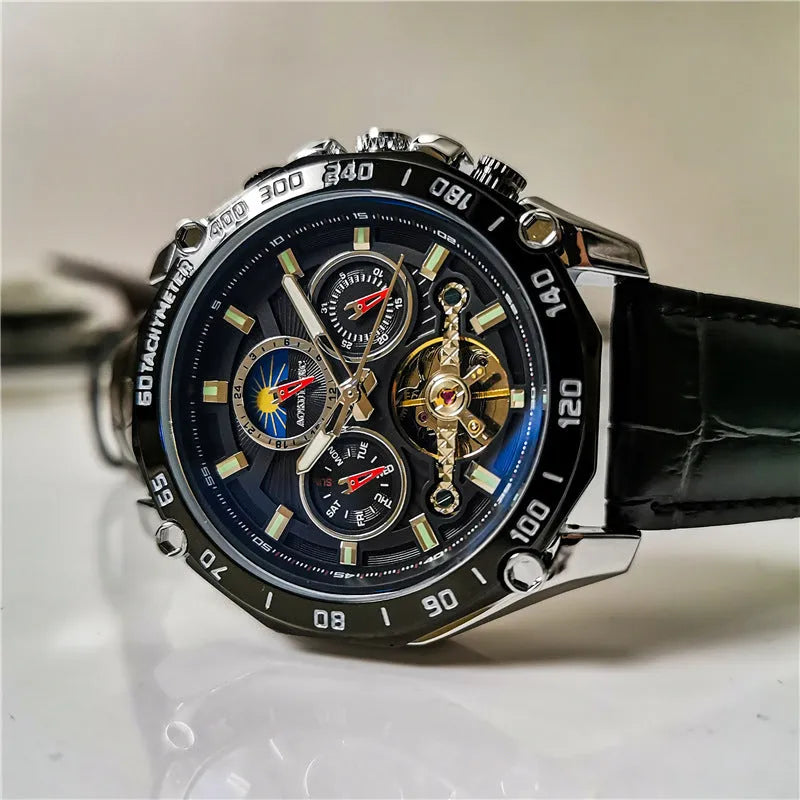 Men's automatic mechanical watch with silver case and white dial showing 12mm thickness